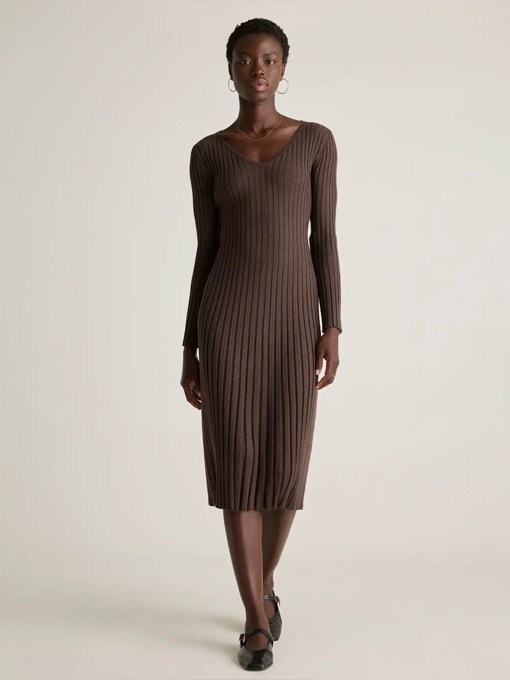 Quince Cotton Cashmere Ribbed Long Sleeve V-Neck Midi Dress Mocha Heather